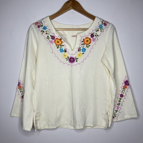 Vintage Mexican Blouse Women's Small Long Sleeve Embroidered Floral - Picture 1 of 12